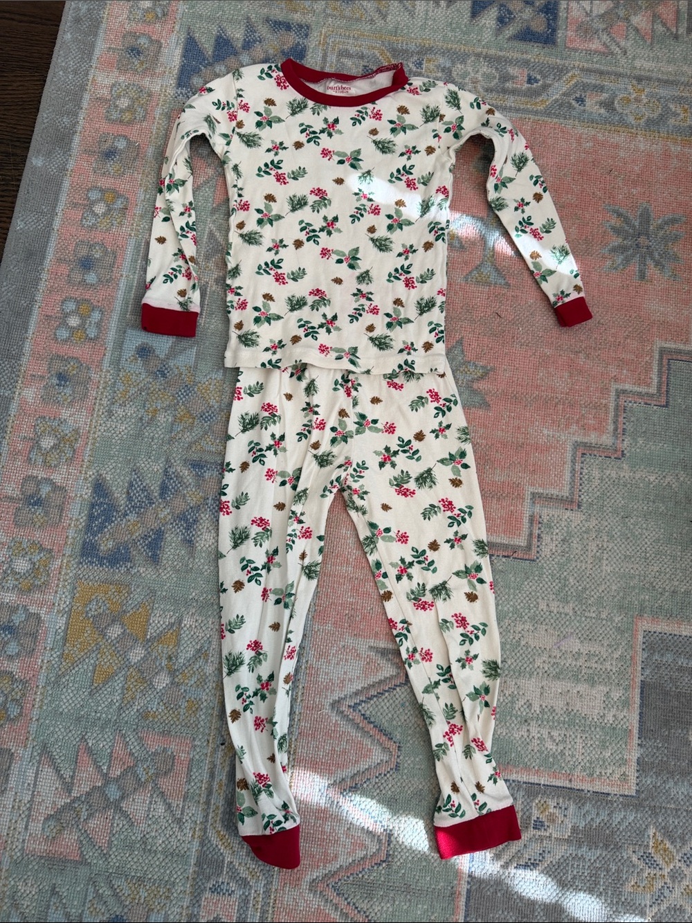 Burt’s Bees Kids Floral Holiday Pajama Set with Red Trim (5)